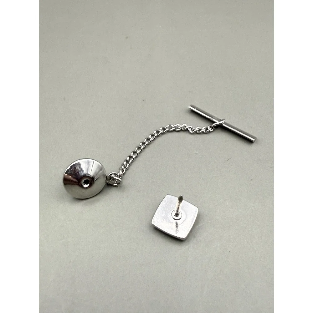 Tie Tack Silver Tone Blue Inlay Square Stone Men Accessory Chain Bar